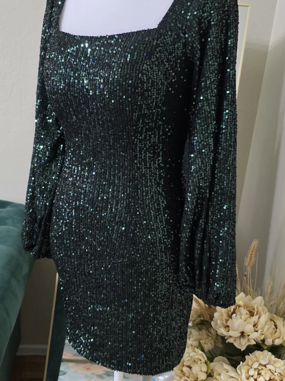 Open-Back Sequin Mini Dress in Emerald Green